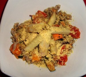 roasted vegetable buckwheat pasta with nutritional yeast and black pepper
