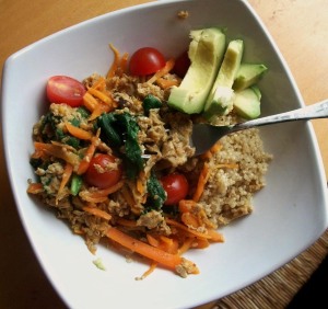 zen bowl, curry, eggs, avocado, quinoa, carrot, spinach, tomato,
