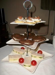 afternoon tea, ritz, cucumber sandwiches, chocolate cookies, smoked salmon blinis