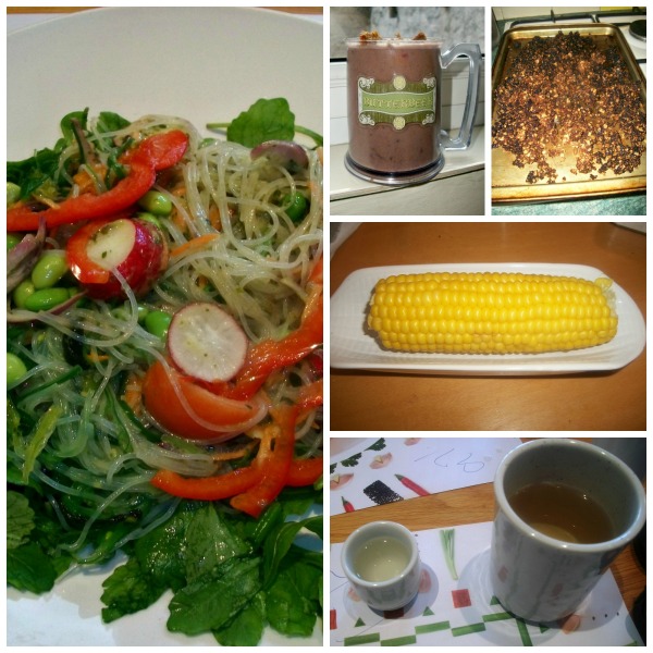 What I ate Wednesday, WIAW, Sweetcorn, Corn on the cob, sake, green tea, noodles, Wagamama, smoothie